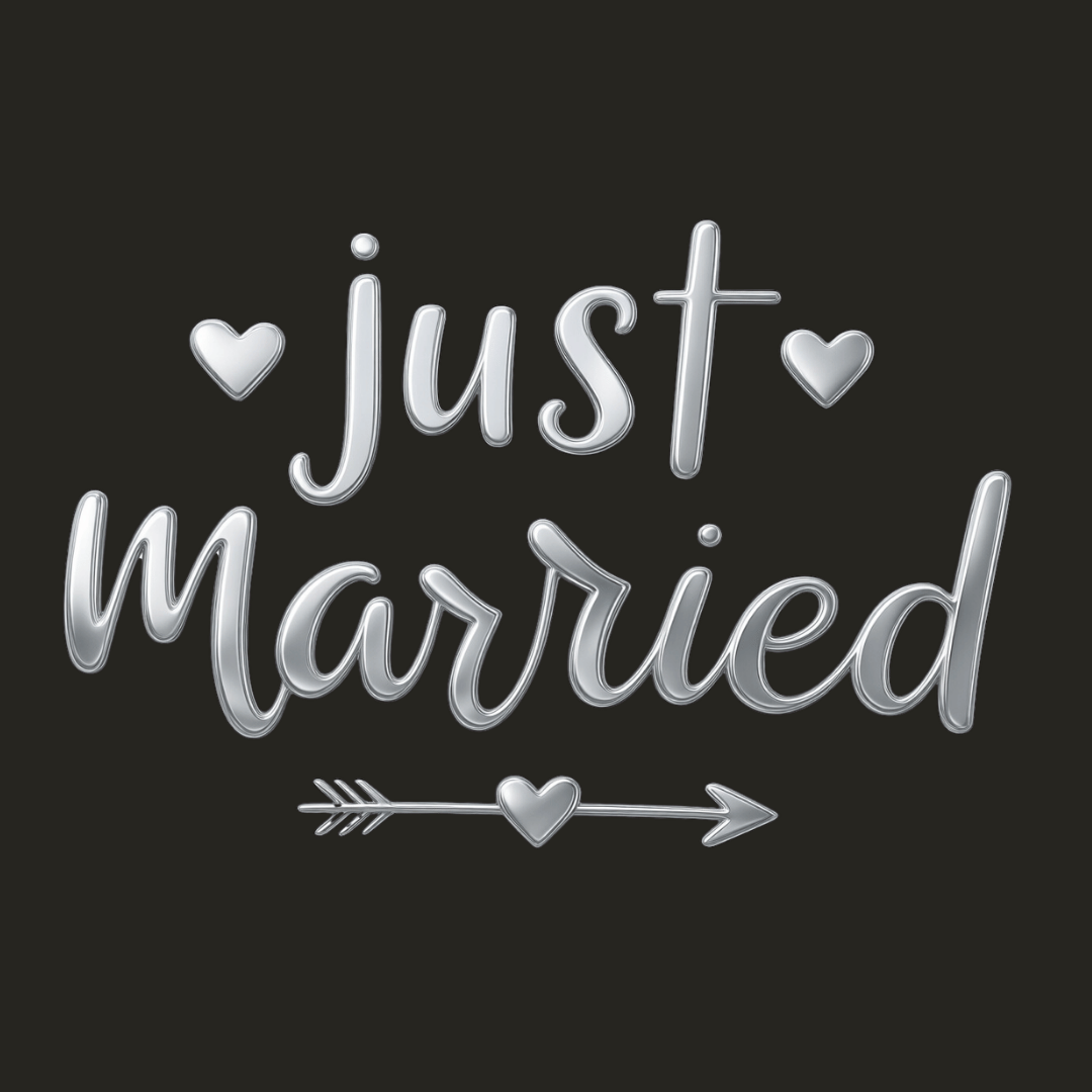 haus of dizzy wedding greeting card with silver 'just married' text with hearts and an arrow on a black background