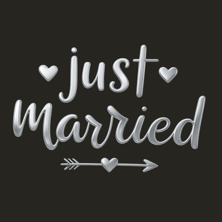 haus of dizzy wedding greeting card with silver 'just married' text with hearts and an arrow on a black background