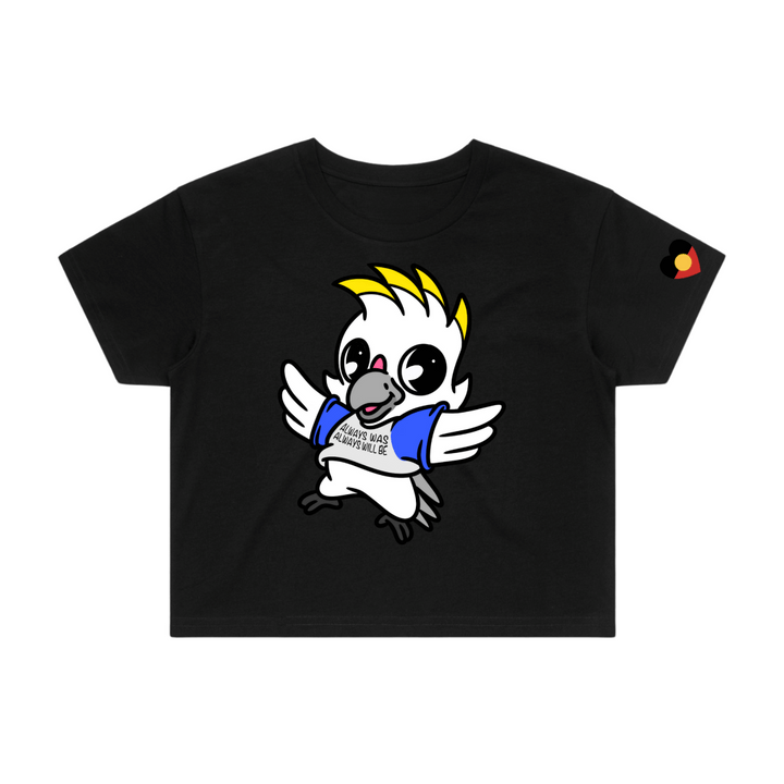 black crop t-shirt with cartoon cockatoo named Kiera, on front. They are wearing a t-shirt that says 'Always was, always will be'. the t-shirt is on a white background.