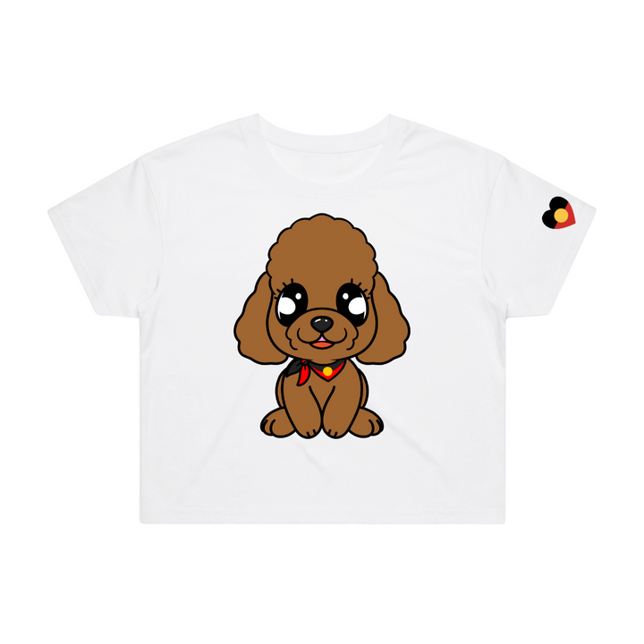white crop t-shirt with brown cavoodle named King brown on front. he is wearing an Aboriginal flag scarf around his neck. the t-shirt is on a white background.