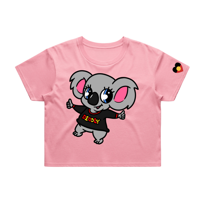 Pink crop t-shirt with a cartoon Koala character, Kirra, wearing black t-shirt that has 'DEADLY' text on a white background