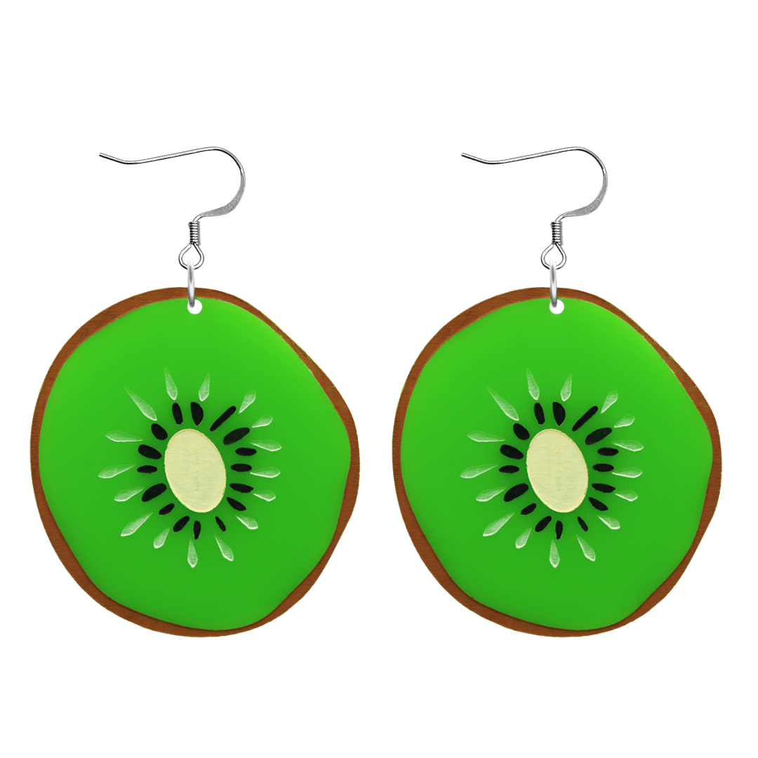 An image of Haus of Dizzy's kiwi crush earrings, large kiwi-shaped dangle earrings, with neon green acrylic with black, brown, and ivory paint fill and a hook top.