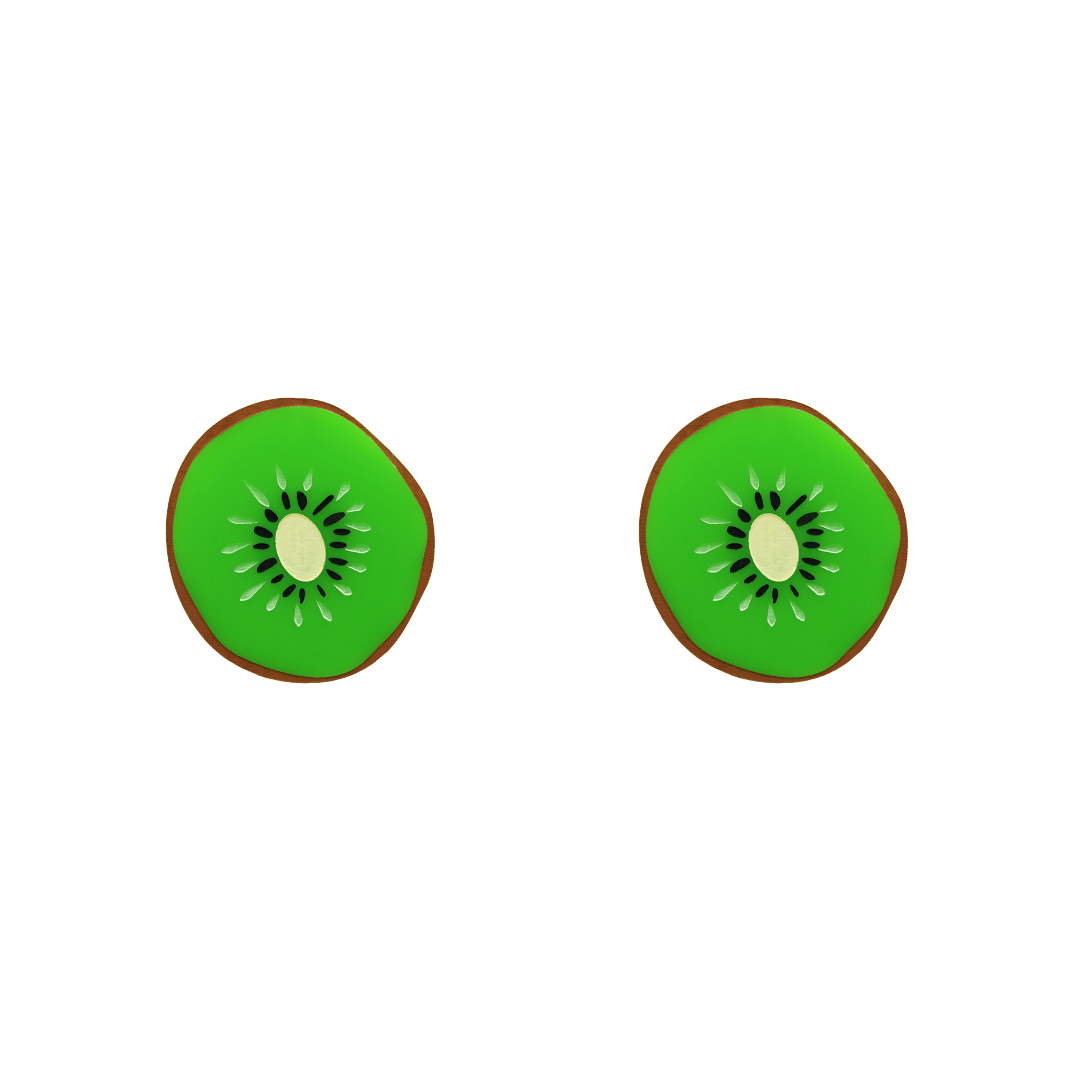 An image of Haus of Dizzy's kiwi crush studs, kiwi-shaped, with neon green acrylic with black, brown, and ivory paint fill.