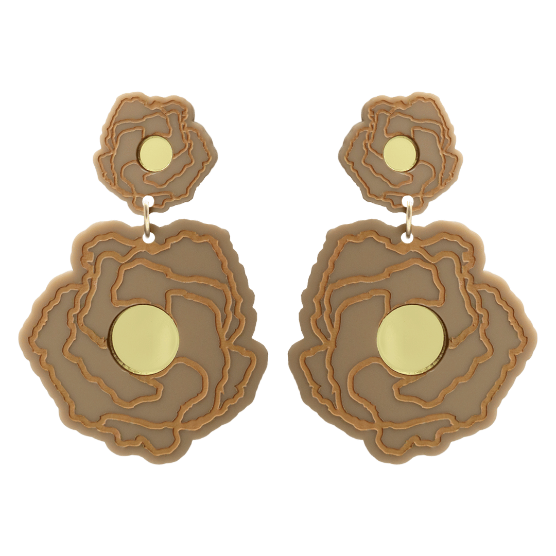 haus of dizzy x kylie monteleone collab earrings with aboriginal art that depicts the desert rose. using cappuccino matte acrylic and tan hand painted details on flower with a gold mirror acrylic centre. he desert rose thrives in harsh conditions as do we. earrings come as studs only. 