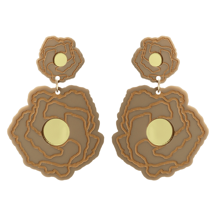 haus of dizzy x kylie monteleone collab earrings with aboriginal art that depicts the desert rose. using cappuccino matte acrylic and tan hand painted details on flower with a gold mirror acrylic centre. he desert rose thrives in harsh conditions as do we. earrings come as studs only. 