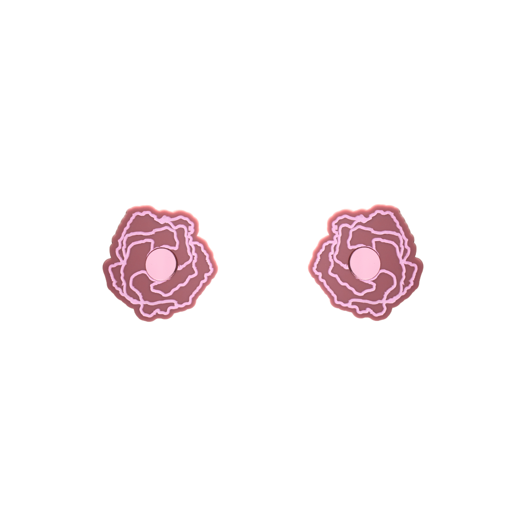 haus of dizzy x kylie monteleone collab small stud earrings with aboriginal art that depicts the desert rose. using dusty rose matte acrylic and light pink hand painted details on flower with a pink mirror acrylic centre. he desert rose thrives in harsh conditions as do we. earrings come as studs only. they are 1.7cm.