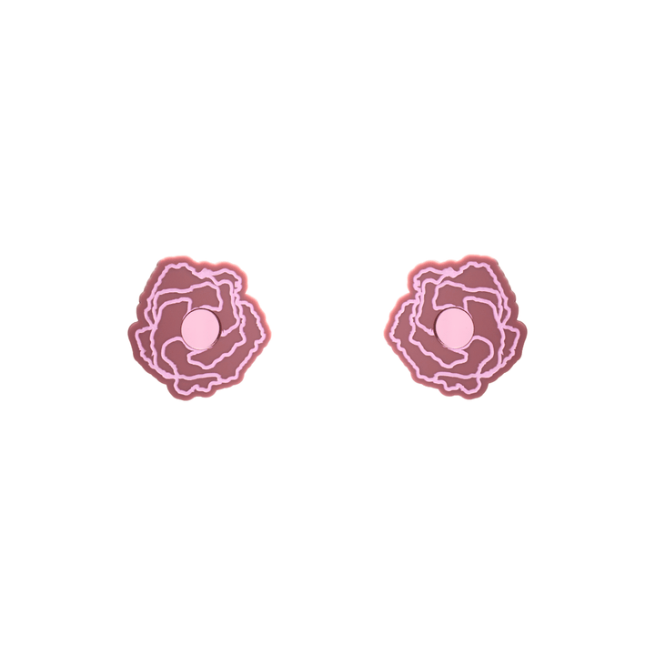 haus of dizzy x kylie monteleone collab small stud earrings with aboriginal art that depicts the desert rose. using dusty rose matte acrylic and light pink hand painted details on flower with a pink mirror acrylic centre. he desert rose thrives in harsh conditions as do we. earrings come as studs only. they are 1.7cm.