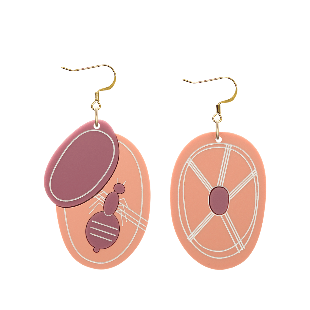 haus of dizzy x kylie monteleone collab earrings with aboriginal art that depicts the honey ant and its nest as a symbol of hard work and dedication. using matte acrylics and white hand painted details. earrings come with gold hooks only