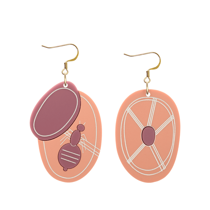 haus of dizzy x kylie monteleone collab earrings with aboriginal art that depicts the honey ant and its nest as a symbol of hard work and dedication. using matte acrylics and white hand painted details. earrings come with gold hooks only