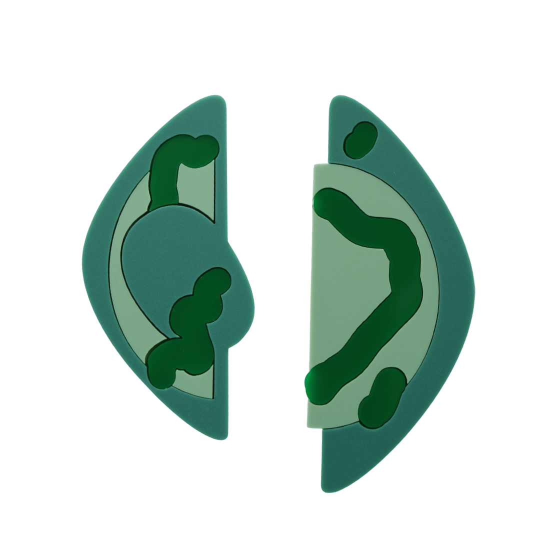 haus of dizzy x kylie monteleone collab earrings with aboriginal art that depicts a journey. the mismatched earrings offer a different side of life all encompassed on a meeting place. using eucalyptus and jungle matte acrylics with gloss green acrylic accents. earrings come as studs only.