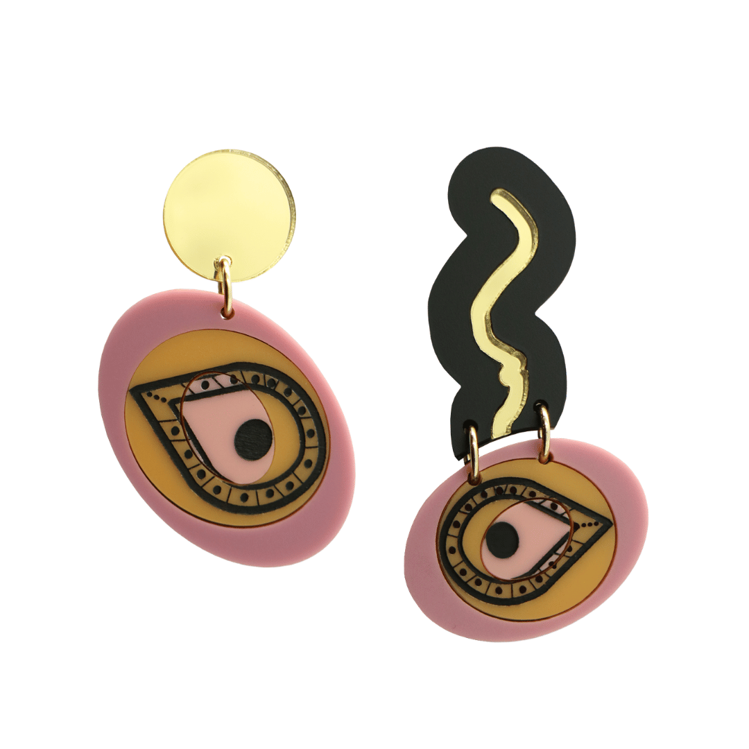 haus of dizzy x kylei monteleone collab earrings with Aboriginal art turtle shell as an eye design. mismatched earrings with matte acrylics and hand painted detailing. earrings come as studs only.