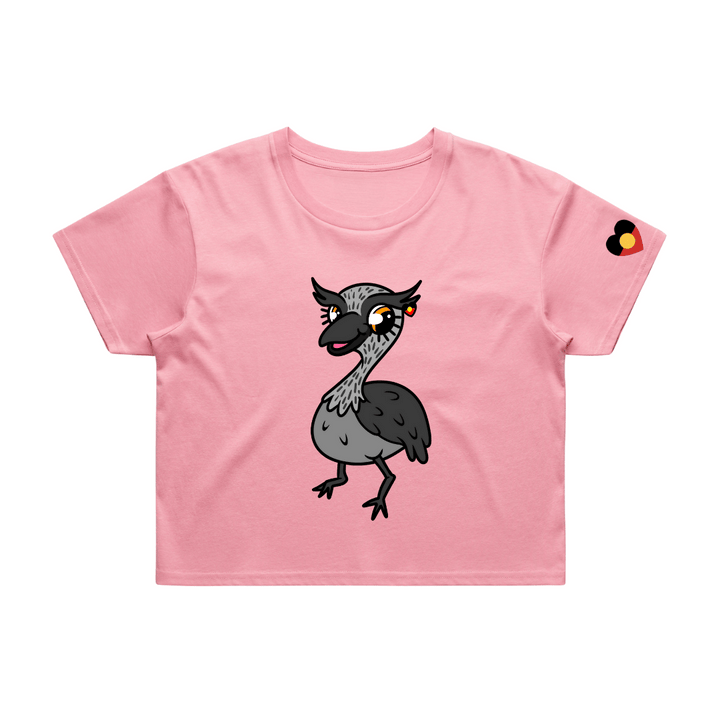 pink crop t-shirt with cartoon emu character called 'Lowanna' on front. t-shirt is on a white background