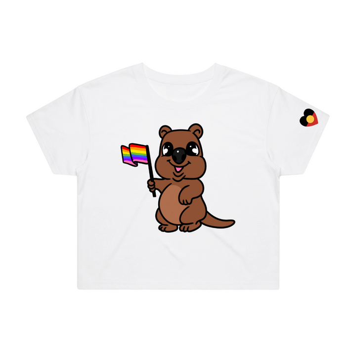 White crop t-shirt with a cartoon quokka holding a rainbow flag, t-shirt is on a white background
