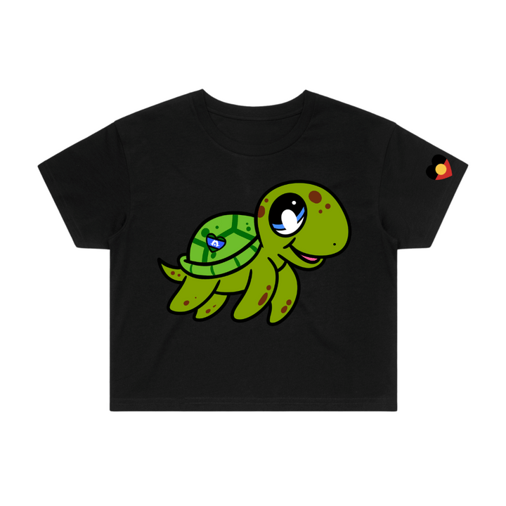 Black crop t-shirt with a green cartoon turtle named Malui on front. the t-shirt is on a white background