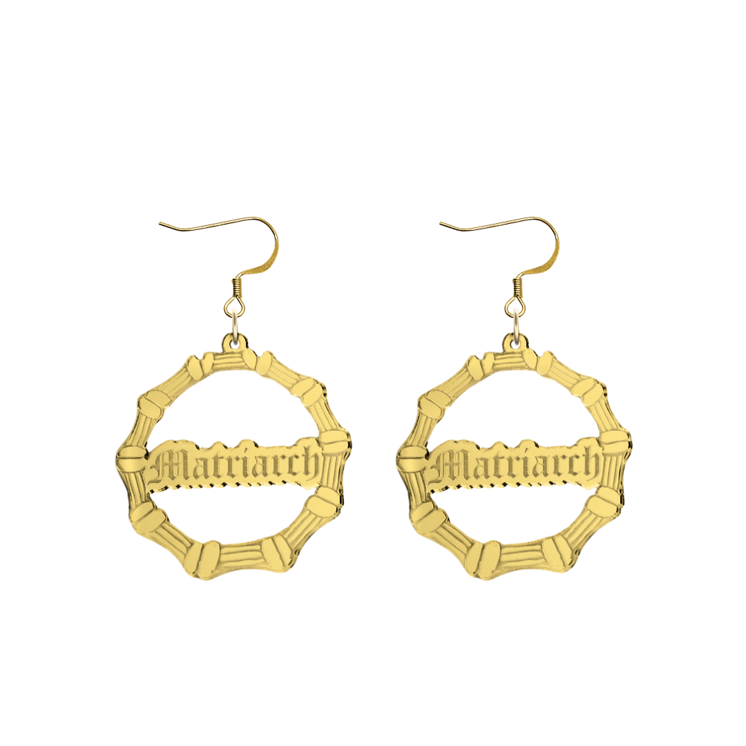 haus of dizzy acrylic gold mirror bamboo hoops with old english text that reads matriarch with hooks no stud tops size small