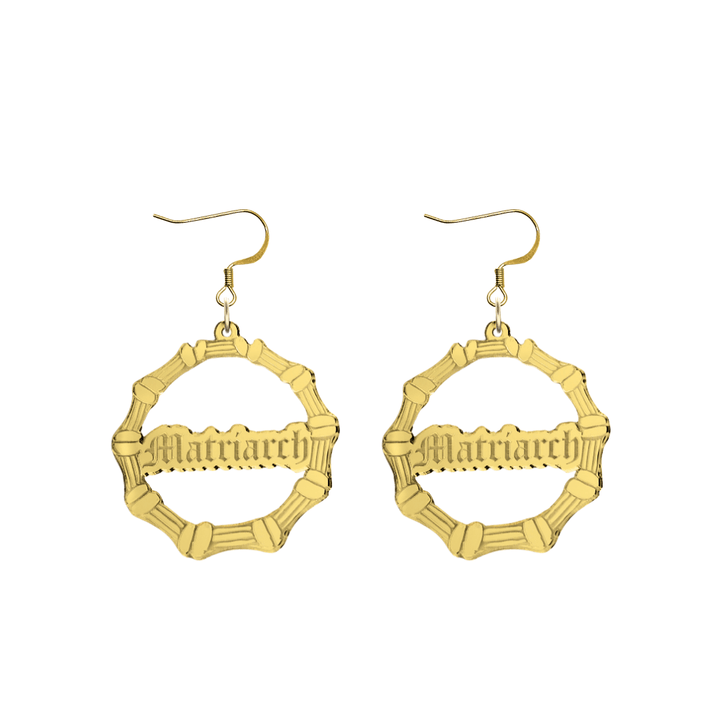 haus of dizzy acrylic gold mirror bamboo hoops with old english text that reads matriarch with hooks no stud tops size small