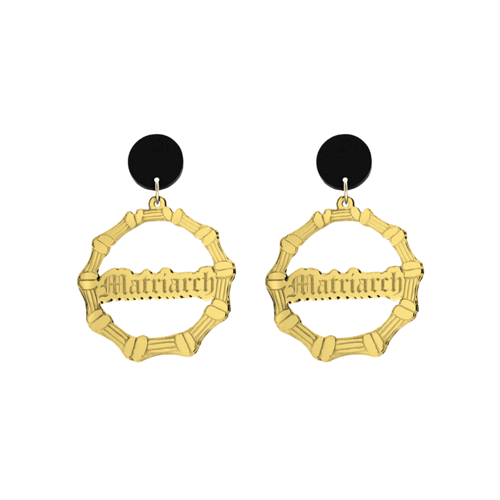 haus of dizzy acrylic gold mirror bamboo hoops with old english text that reads matriarch with black circle stud tops size small