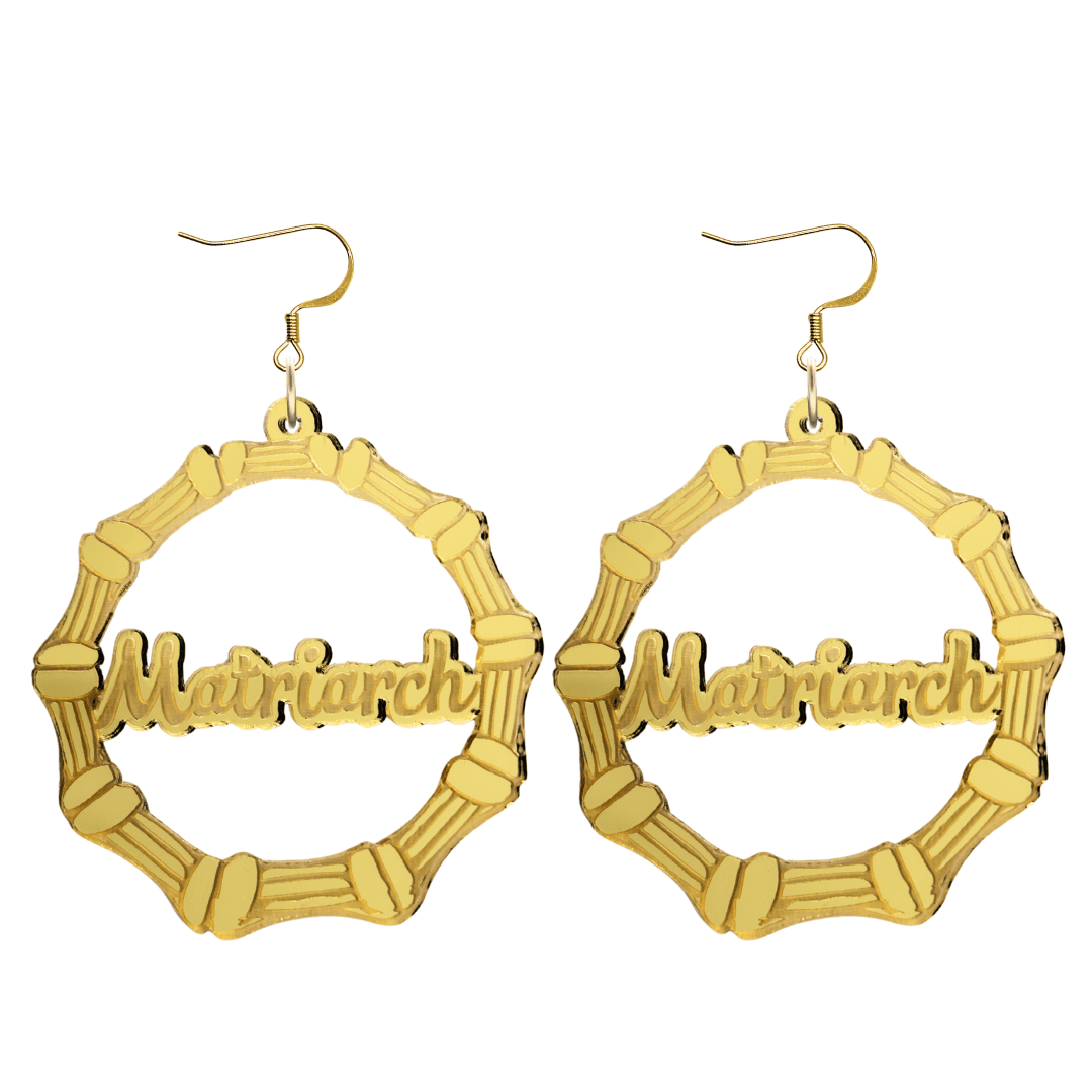 haus of dizzy acrylic gold mirror bamboo hoops with cursive text that reads matriarch with hooks no stud tops size large