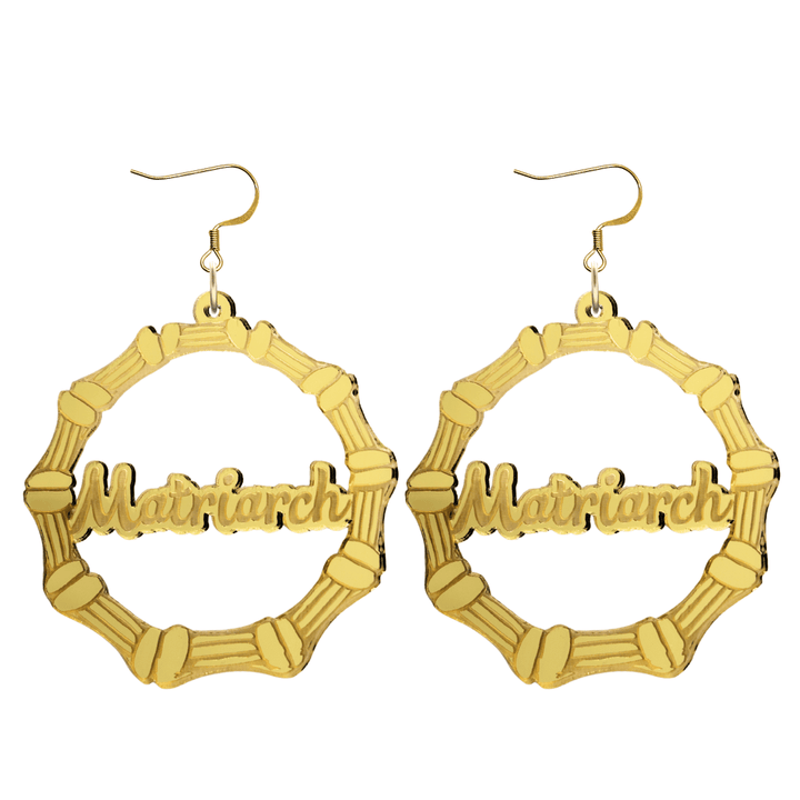 haus of dizzy acrylic gold mirror bamboo hoops with cursive text that reads matriarch with hooks no stud tops size large