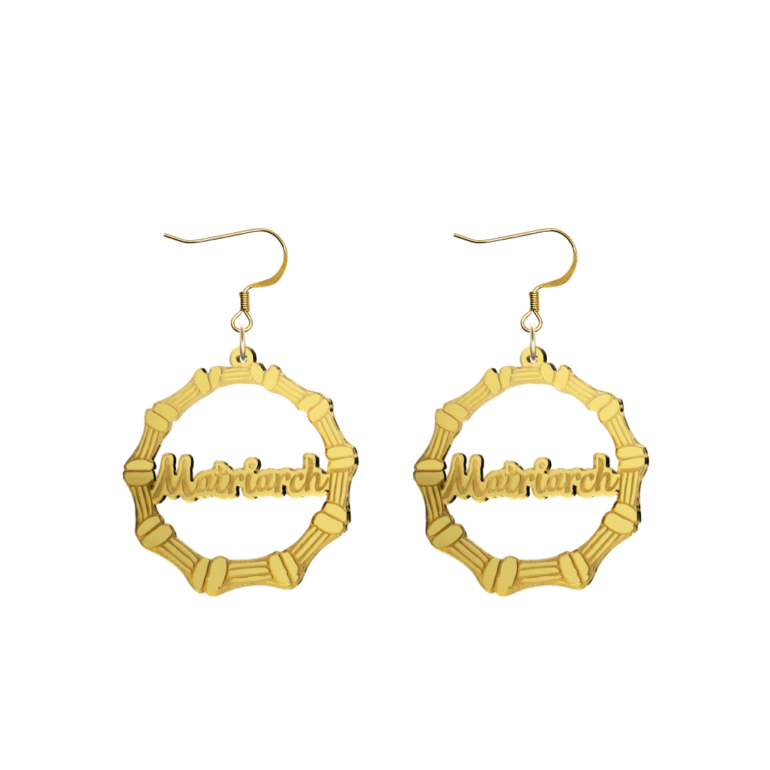 haus of dizzy acrylic gold mirror bamboo hoops with cursive text that reads matriarch with hooks no stud tops size small