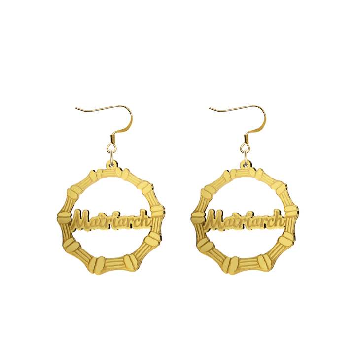 haus of dizzy acrylic gold mirror bamboo hoops with cursive text that reads matriarch with hooks no stud tops size small