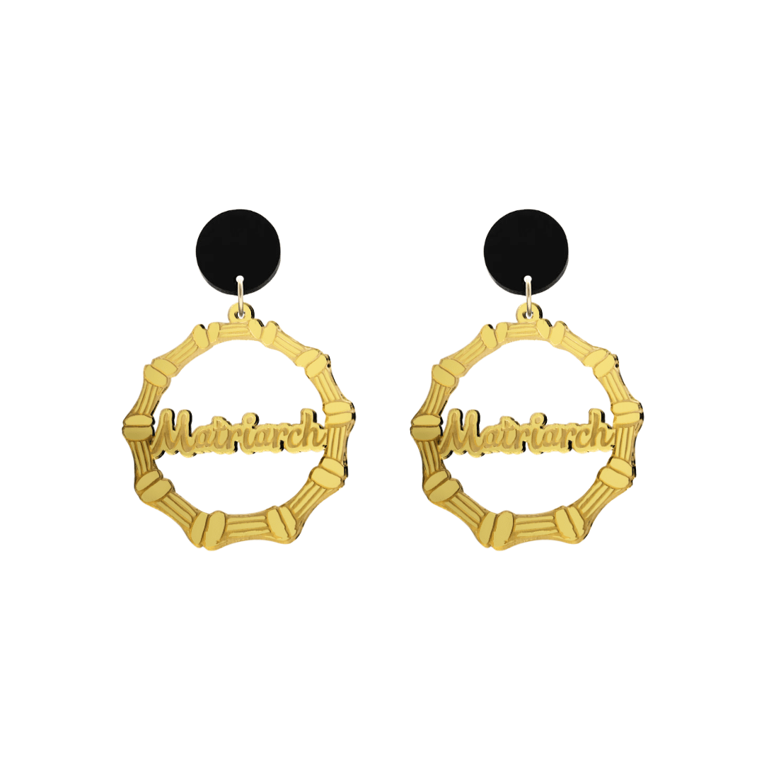 haus of dizzy acrylic gold mirror bamboo hoops with cursive text that reads matriarch with black circle stud tops size small