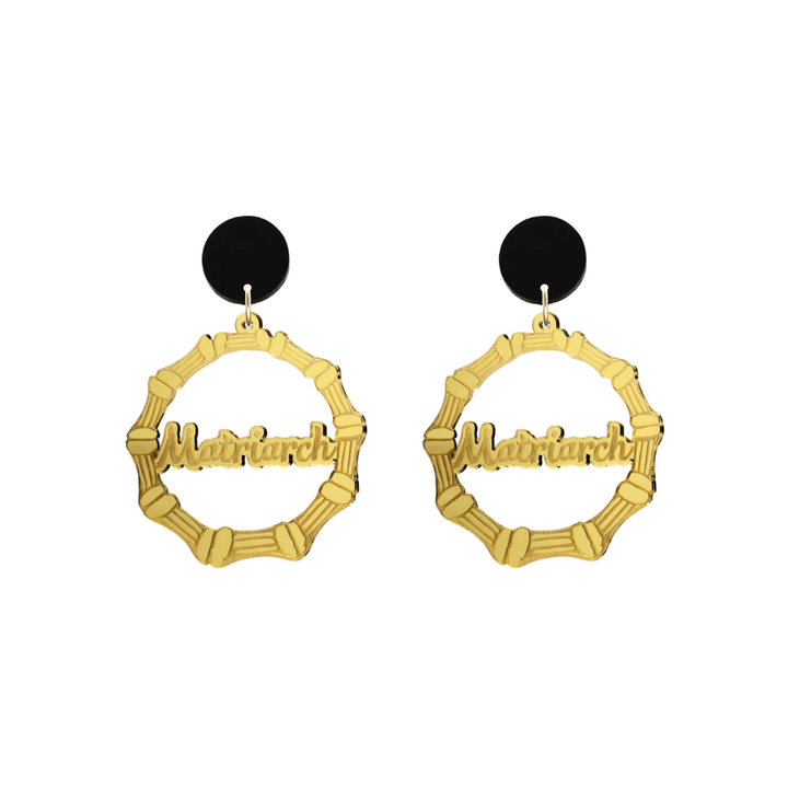 haus of dizzy acrylic gold mirror bamboo hoops with cursive text that reads matriarch with black circle stud tops size small
