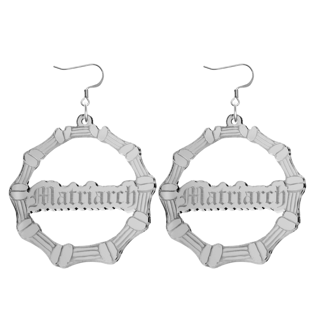 haus of dizzy acrylic silver mirror bamboo hoops with old english text that reads matriarch with hooks no stud tops size large