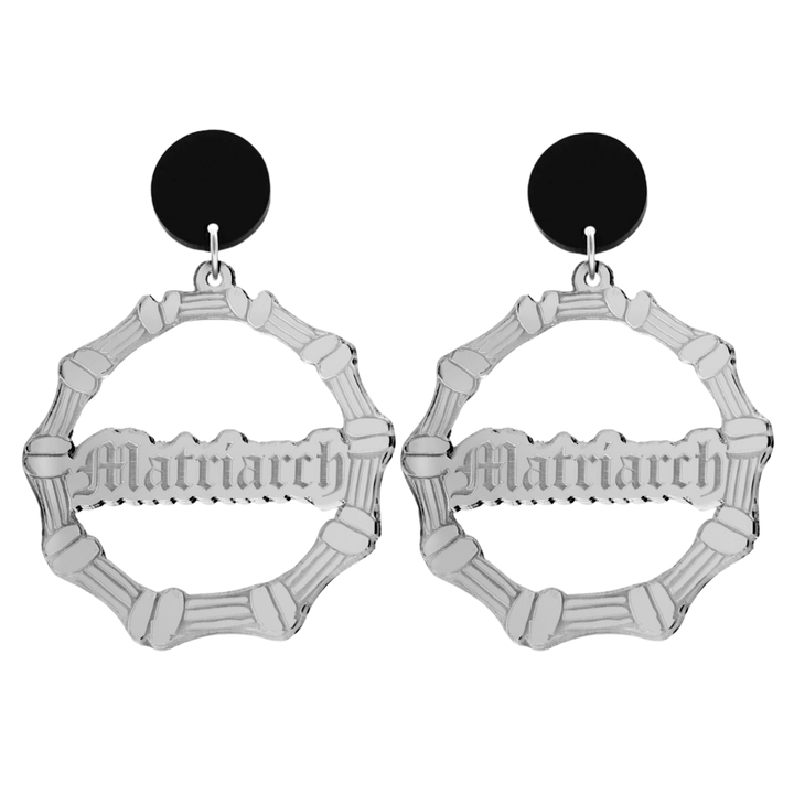haus of dizzy acrylic silver mirror bamboo hoops with old english text that reads matriarch with black circle stud tops size large