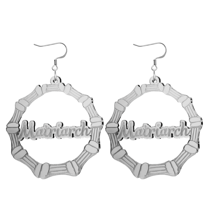 haus of dizzy acrylic silver mirror bamboo hoops with cursive text that reads matriarch with hooks no circle stud tops size large