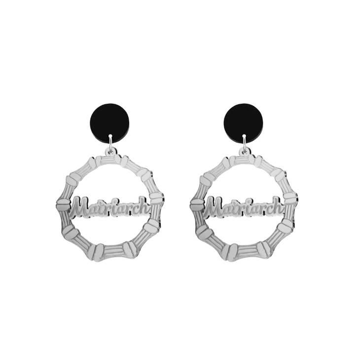 haus of dizzy acrylic silver mirror bamboo hoops with cursive text that reads matriarch with black circle stud tops size small
