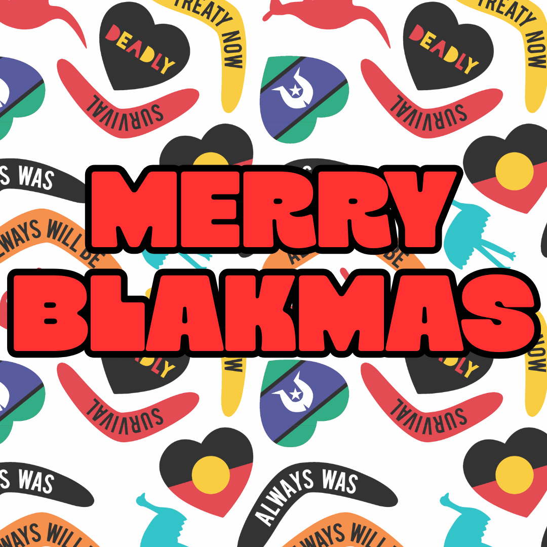 haus of dizzy merry blakmas card with aboriginal symbols in background