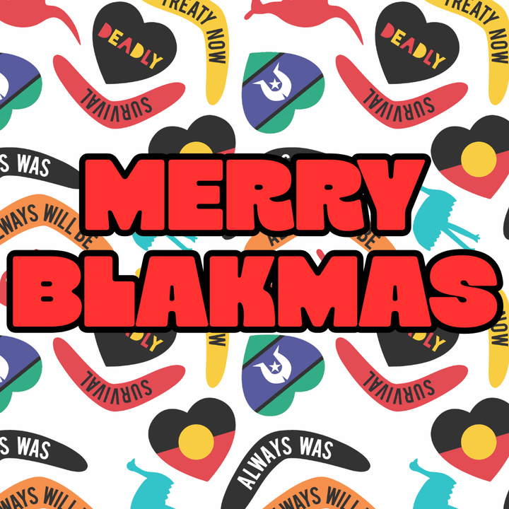 haus of dizzy merry blakmas card with aboriginal symbols in background