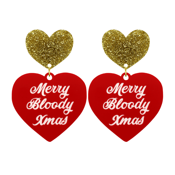 haus of dizzy red heart-shaped earrings with 'Merry Bloody Xmas' white text with gold glitter heart stud tops size large