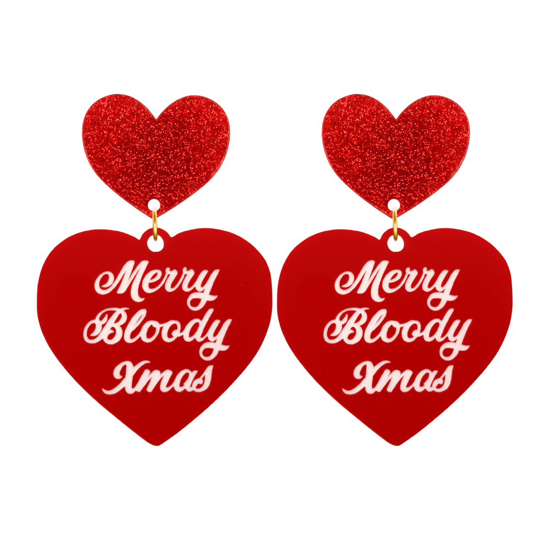 haus of dizzy red heart-shaped earrings with 'Merry Bloody Xmas' white text with red glitter heart stud tops size large
