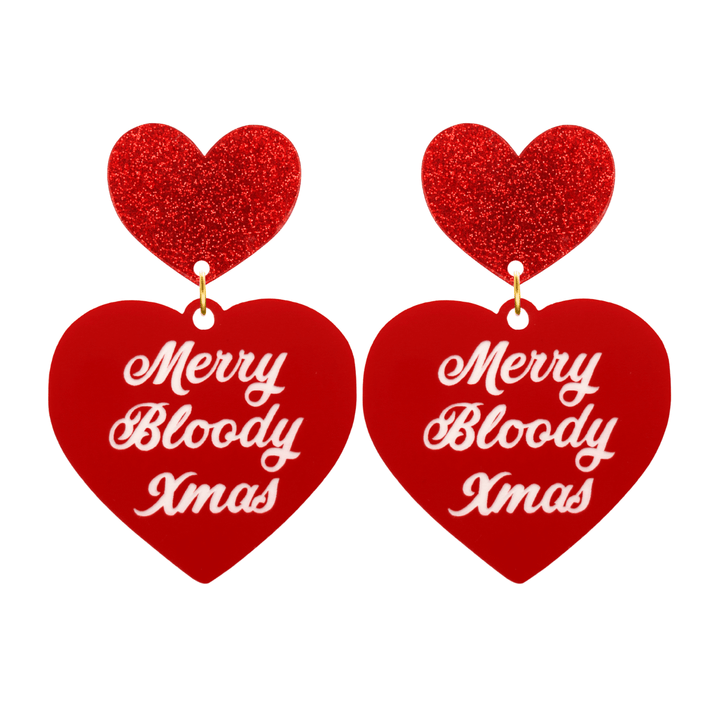 haus of dizzy red heart-shaped earrings with 'Merry Bloody Xmas' white text with red glitter heart stud tops size large