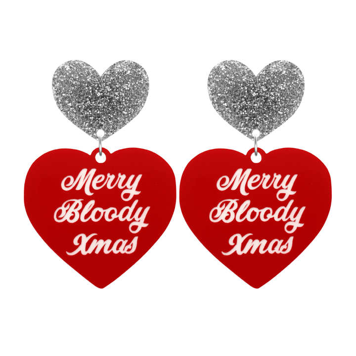 haus of dizzy red heart-shaped earrings with 'Merry Bloody Xmas' white text with silver glitter heart stud tops size large