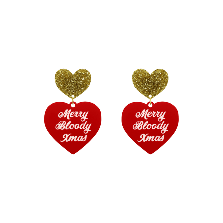 haus of dizzy red heart-shaped earrings with 'Merry Bloody Xmas' white text with gold glitter heart stud tops size small