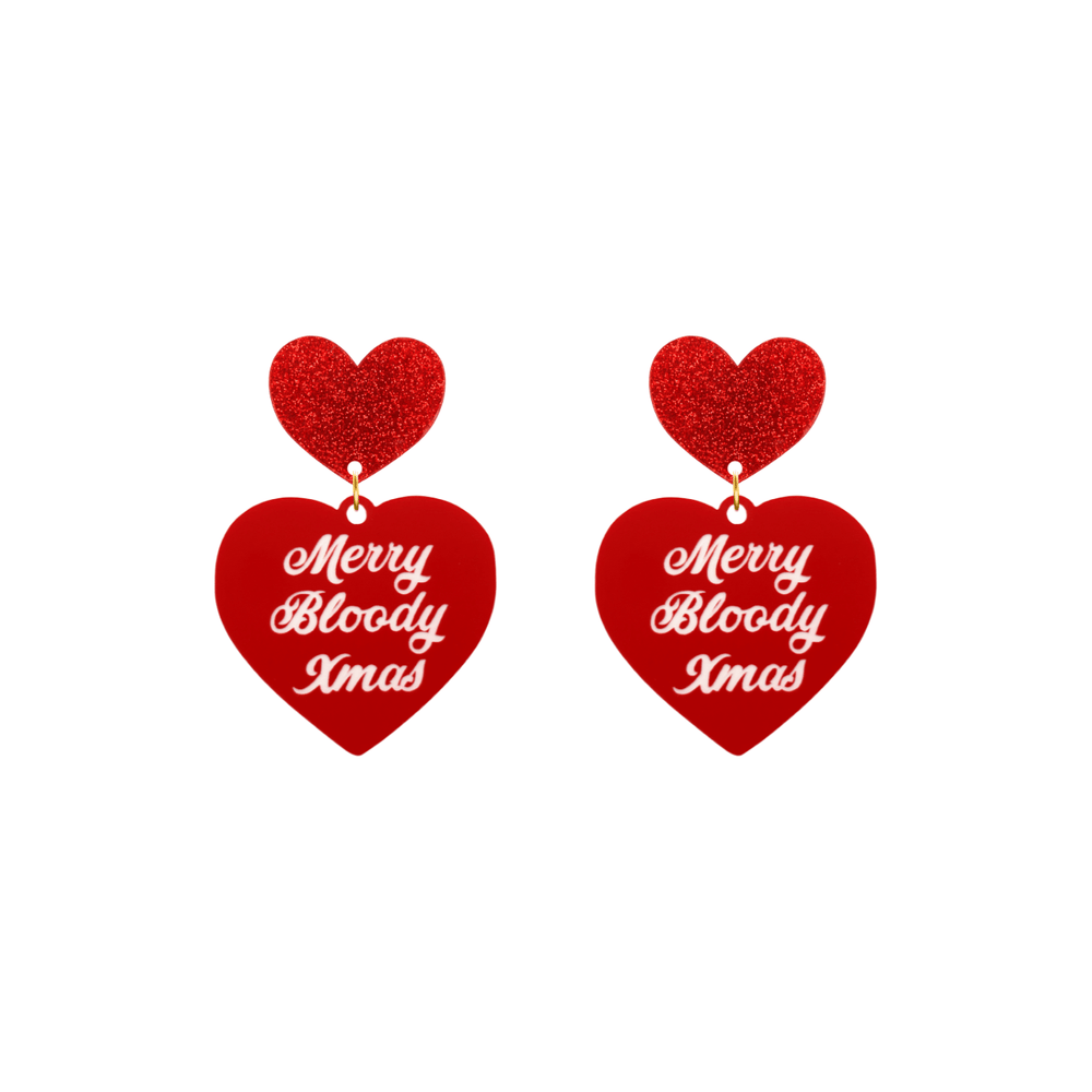 haus of dizzy red heart-shaped earrings with 'Merry Bloody Xmas' white text with red glitter heart stud tops size small
