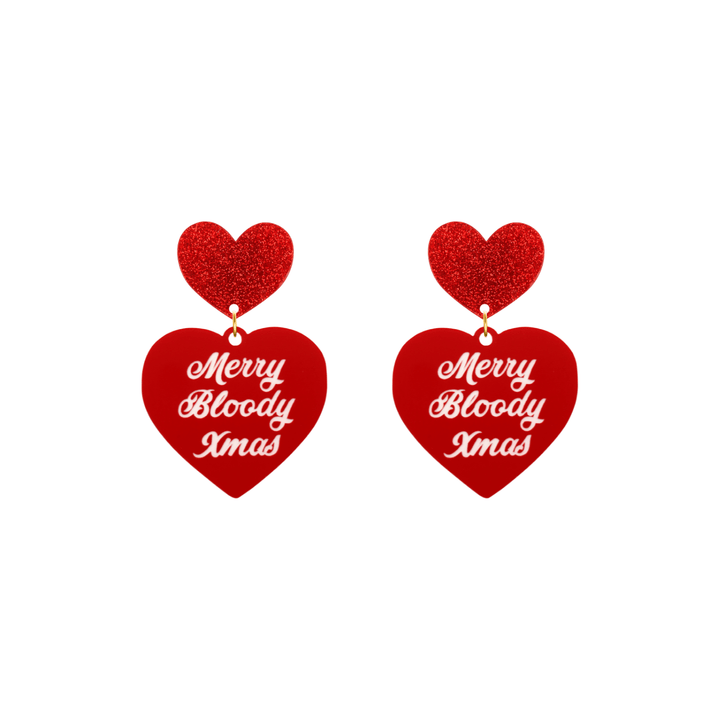 haus of dizzy red heart-shaped earrings with 'Merry Bloody Xmas' white text with red glitter heart stud tops size small