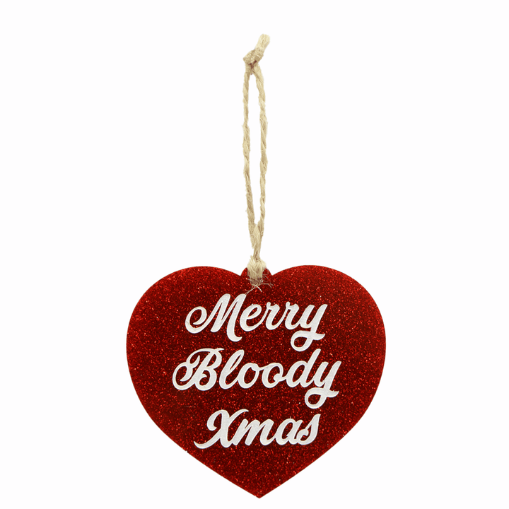 haus of dizzy red glitter heart ornament with merry bloody xmas in white hand painted text on front hung on twine one size