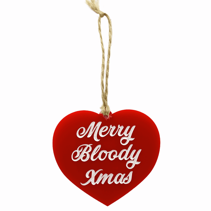 haus of dizzy red gloss heart ornament with merry bloody xmas in white hand painted text on front hung on twine one size