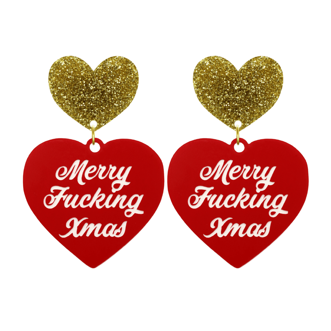 haus of dizzy red heart-shaped earrings with 'Merry Fucking Xmas' white text with gold glitter heart stud tops size large
