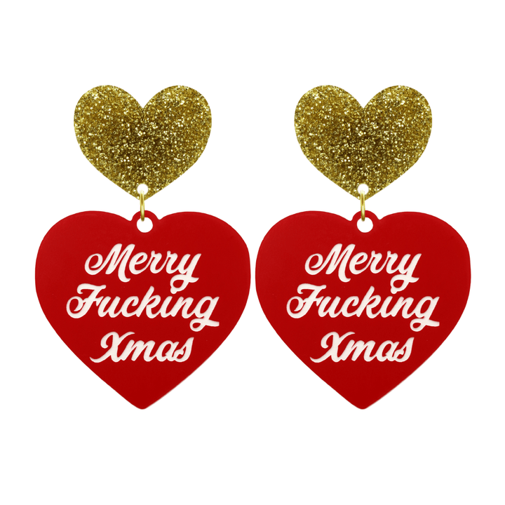 haus of dizzy red heart-shaped earrings with 'Merry Fucking Xmas' white text with gold glitter heart stud tops size large