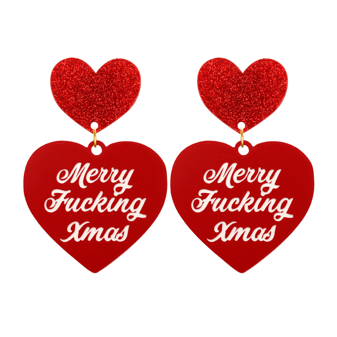 haus of dizzy red heart-shaped earrings with 'Merry Fucking Xmas' white text with red glitter heart stud tops size large