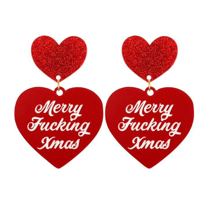 haus of dizzy red heart-shaped earrings with 'Merry Fucking Xmas' white text with red glitter heart stud tops size large