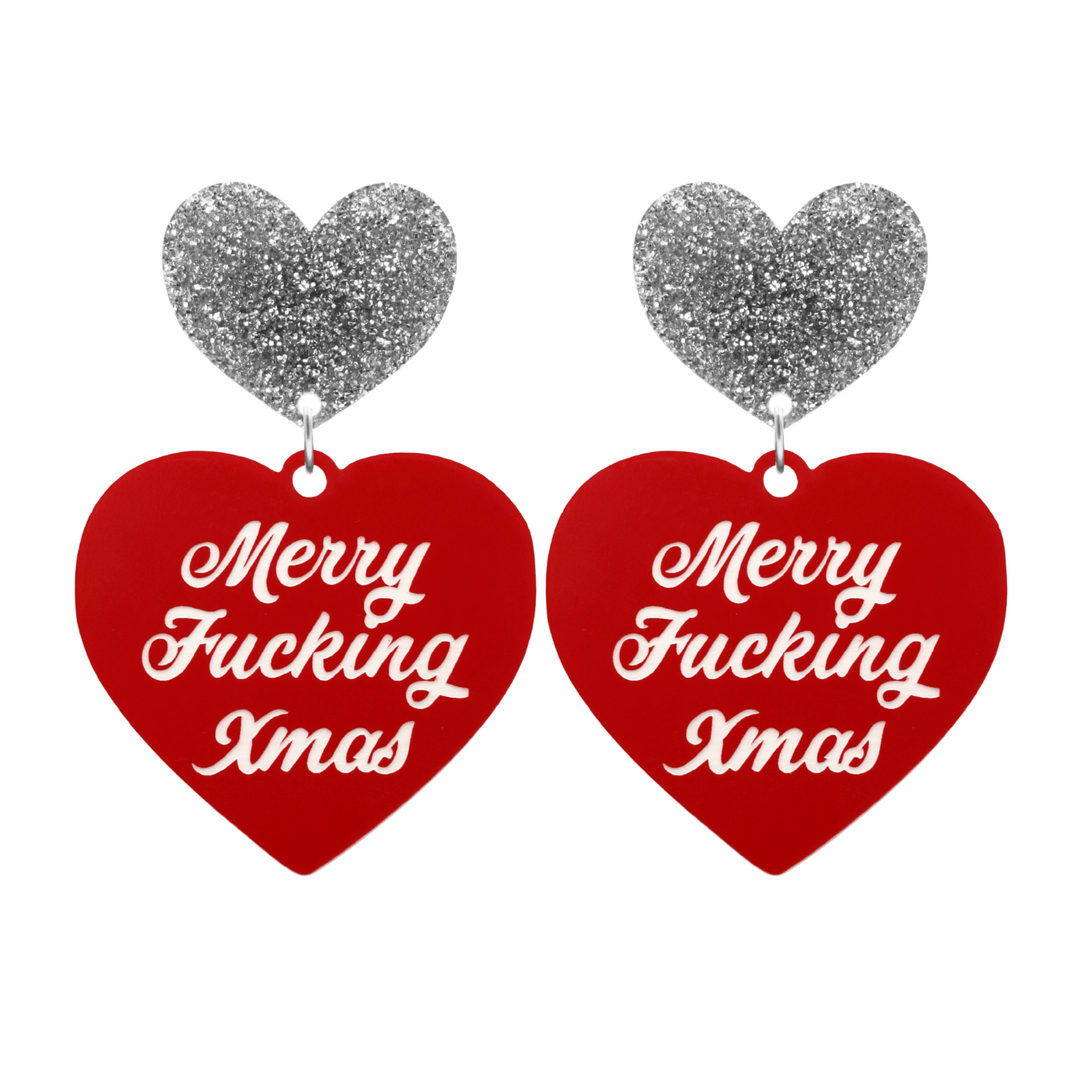 haus of dizzy red heart-shaped earrings with 'Merry Fucking Xmas' white text with silver glitter heart stud tops size large