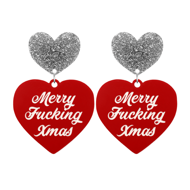 haus of dizzy red heart-shaped earrings with 'Merry Fucking Xmas' white text with silver glitter heart stud tops size large