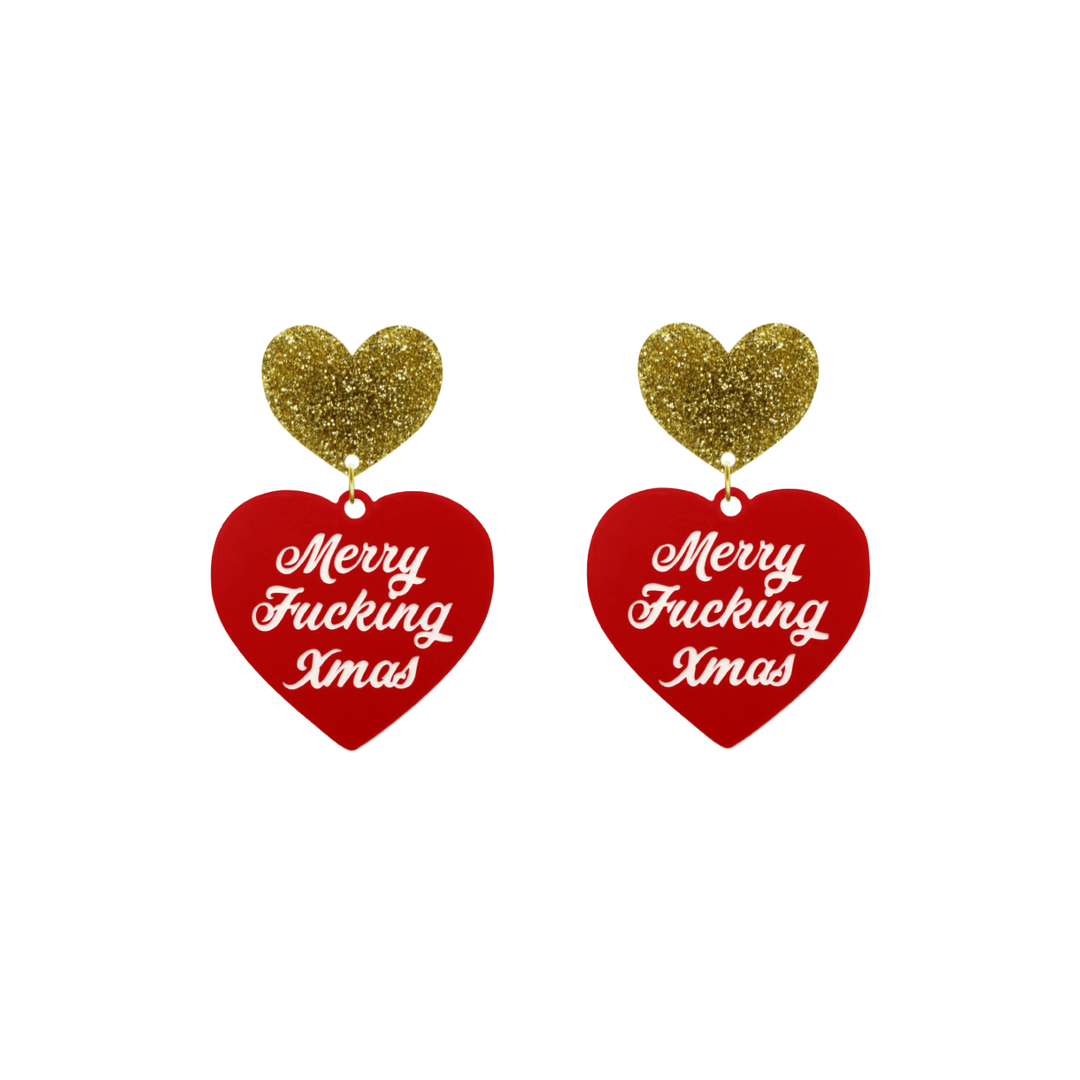 haus of dizzy red heart-shaped earrings with 'Merry Fucking Xmas' white text with gold glitter heart stud tops size small