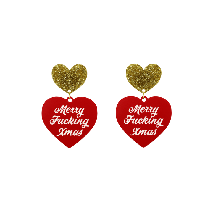 haus of dizzy red heart-shaped earrings with 'Merry Fucking Xmas' white text with gold glitter heart stud tops size small